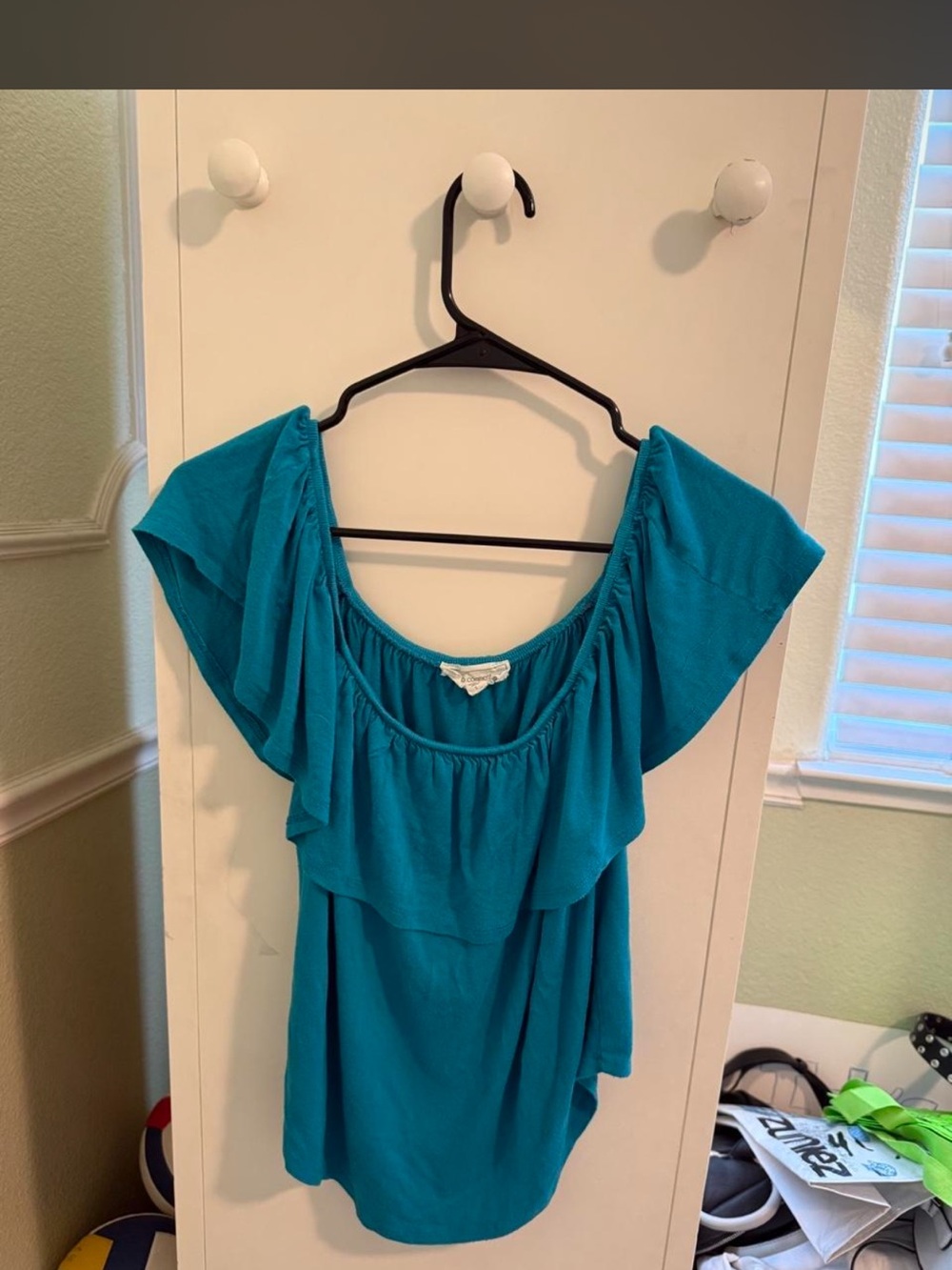 N.Y.L.A. Teal Off-Shoulder Ruffle Tunic Top